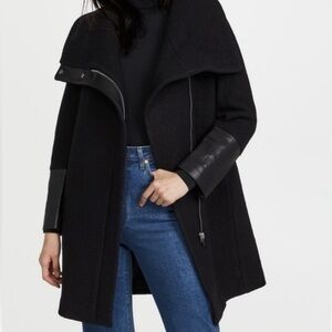 Club Monaco Black Moto Coat with Leather Accents